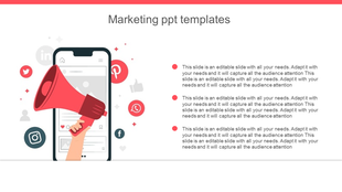 Marketing slide with a smartphone and a hand holding a red megaphone, surrounded by social media icons on a light background.