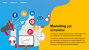 Social media marketing with a megaphone, digital icons, a graph on a monitor, and a mix of communication elements. 