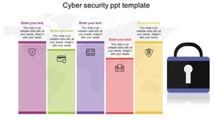 Cyber Security slide featuring colorful sections for text, accompanied by security related icons and a lock graphic.