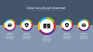 Cyber security PowerPoint slide with colorful circular icons representing security features with captions.