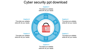Cybersecurity slide with a central lock icon surrounded by six labeled sections in a circular layout.