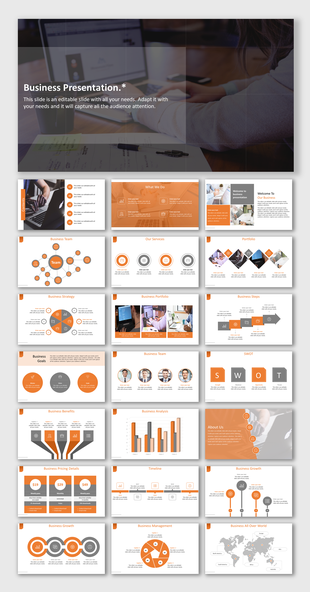 Business slide deck with an orange and white theme, featuring slides on business strategy, team, service, and growth charts. 