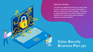 Blue slide showing a laptop with a lock symbol surrounded by digital connections, with two people interacting.