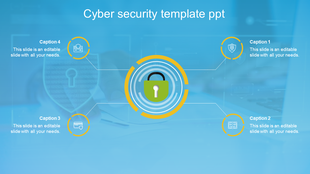 Slide with a lock icon in the center, surrounded by four yellow-outlined circles connected by lines on a blue background.