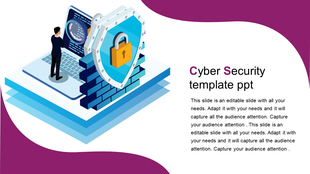 Cybersecurity slide with a shield, lock, and a man working on a laptop surrounded by a firewall, with purple curved accents.