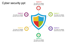 A central multicolored shield icon linked to six colorful circular nodes with various cybersecurity elements.