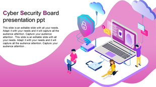 Slide showing characters working with laptops and digital security tools, set against a pink background, and white text area.