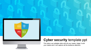 Cybersecurity themed slide with a monitor showing a shield with security icons, set against a background of padlocks. 