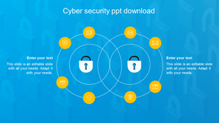 Cybersecurity slide featuring two padlocks within circles, linked to six yellow icons, against a blue padlock background. 