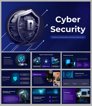 A pack of cyber security slides featuring a shield graphic symbolizing protection against digital threats and data breaches.