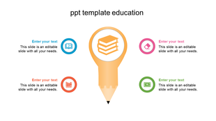 Education slide with a large pencil graphic, four circular icons in blue, pink, orange, and green, and caption areas.