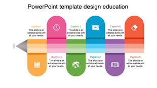 Slide featuring six sections in yellow, pink, green, blue, purple, and orange, arranged in a pencil like design.
