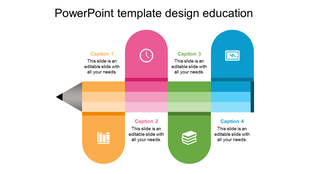 Pencil shaped design with four sections in yellow, pink, green, and blue, each with educational icons and text.