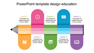 Colorful pencil PowerPoint template for education with five captions, each featuring an icon on a white backdrop.