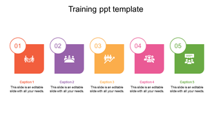 Training template with five colorful boxes in orange, purple, yellow, pink, and green, each with an icon and number.