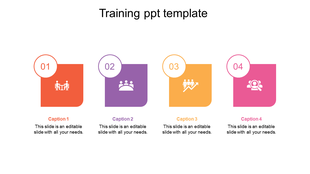 Training slide with four rounded square blocks in red, purple, orange, and pink, each featuring a number, icon, and caption.