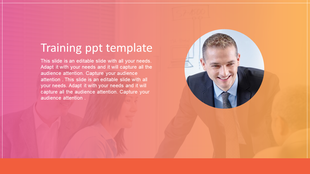 Training slide featuring a smiling man in business attire, on a pink amd orange gradient background with group discussion.