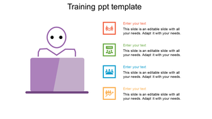 Training slide featuring a laptop user and four editable captions with icons and placeholder text areas.