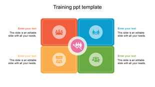 Training slide with four sections in orange, blue, green, and red, each featuring an icon, and a central circular icon. 