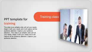 Training slide with white background, featuring rounded orange banner, and a photo of a business meeting on the right.