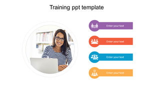 Training slide with a circular image of a woman using a laptop and four horizontal icons with captions on the right. 