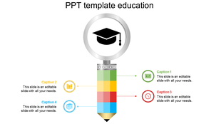 Educational infographic with a multicolored pencil pointing to a graduation cap, four caption areas, and icons.