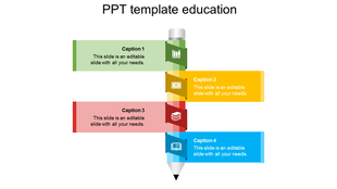 Education slide with a pencil illustration and four text boxes in green, yellow, red, and blue, arranged alternatively.
