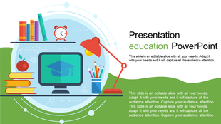 Colorful education PowerPoint slide featuring books, a clock, and a computer screen with a graduation cap on a green theme.