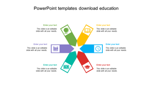 Education slide with a six point infographic, each point featuring a colorful icon and caption in green, yellow, blue, red.