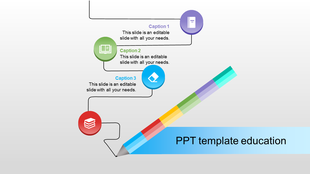 Education slide with a background, a curved path drawn by a pencil, and four circular icons with text placeholders. 