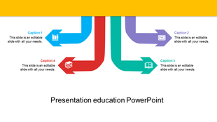 Education PowerPoint slide with colorful directional arrows and icons representing various learning elements.
