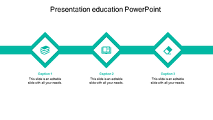 Education slide with a horizontal teal connector linking three diamond-shaped icons, each representing learning concepts. 