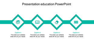 Professional education PowerPoint slide with icons and teal colored diamond shapes with captions and placeholder text.