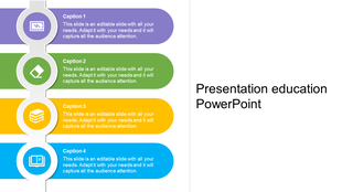 Education slide with four vertical blocks in purple, green, yellow, and blue, each with an icon and text.