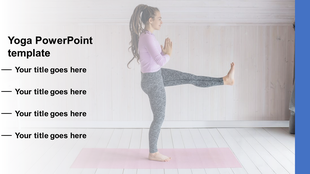 Yoga slide with a serene pose featuring a woman balancing on one leg in an indoor setting with caption areas.