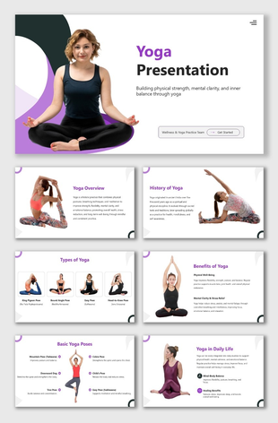 Yoga PPT Download with purple theme, yoga pose images, rounded shapes, and wellness text blocks.