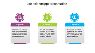 Three vibrant rectangular blocks in purple, green, and blue, each featuring an icon and a caption for life science topics.