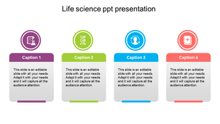 Slide with four sections in purple, green, blue, and red, each containing an icon for life science and health.