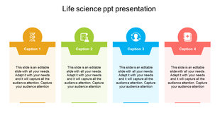 Life science slide with three circular segmented graphics, each featuring an icon for medical notes, DNA, and user profile.