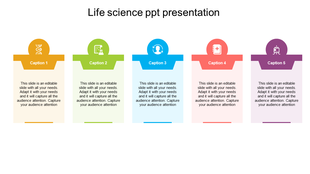 Life science PPT slide with five sections, each containing a colorful icon with placeholder text on a white backdrop.