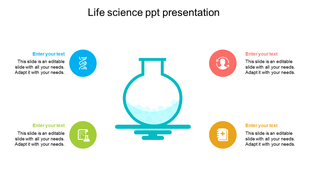 Life science PowerPoint slide with icons for DNA, a laboratory beaker, a person, and medical notes, with placeholder text.
