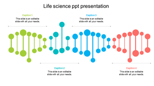 Life science PPT slide features a colorful DNA inspired infographic in green, blue, and red with captions.