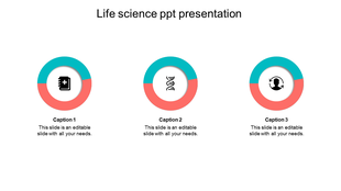 Life science slide with three circular segmented graphics, each featuring an icon for medical notes, DNA, and user profile. 