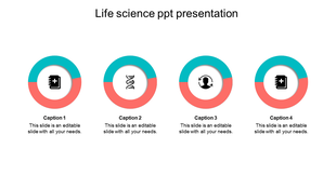 Four teal and coral rings with icons inside, showcasing a life science themed layout on a white background.