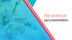 Life science template with a laboratory background showing a pipette and flask, with a blue overlay and geometric accents.