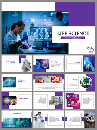 Life science slide featuring topics like cell biology, genetics, microbiology, and human anatomy with scientific visuals.