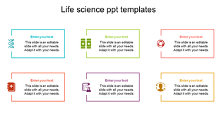 Life science slide with six text boxes, each featuring an icon such as DNA, test tubes, and medical symbols in colors. 