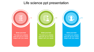 Life science PPT slide with circular icons in red, green, and blue, featuring DNA, laboratory equipment, and a human figure.
