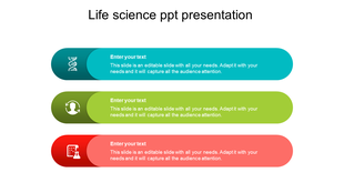 Three horizonta blocks with rounded corners, in teal, green, and red, each containing a relevant life science icon.