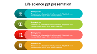Four horizontal, rounded rectangles in blue, green, red, and yellow with science related icons and text.